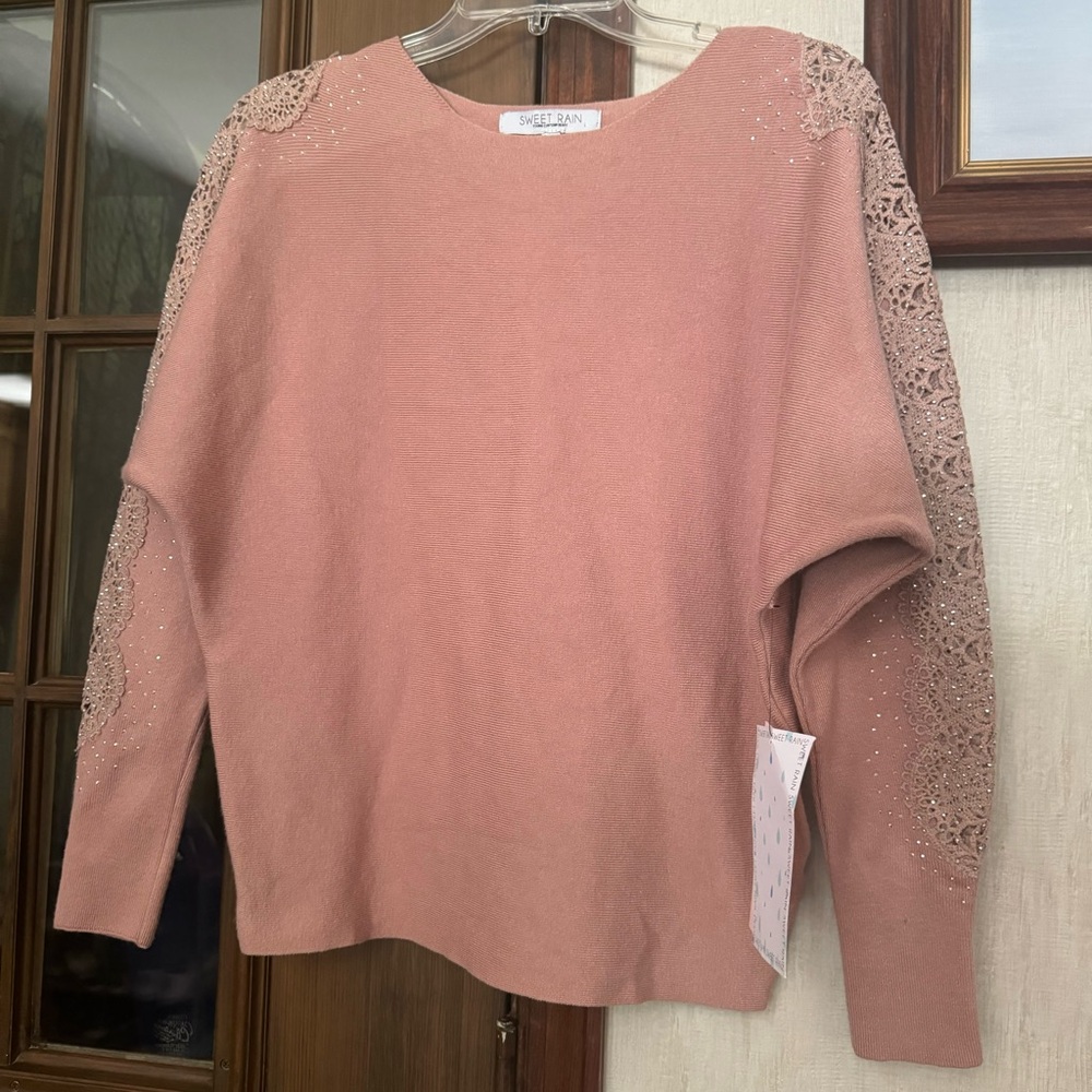 Sweet Rain Blush Knit Top with Crochet-like  Lace Detail